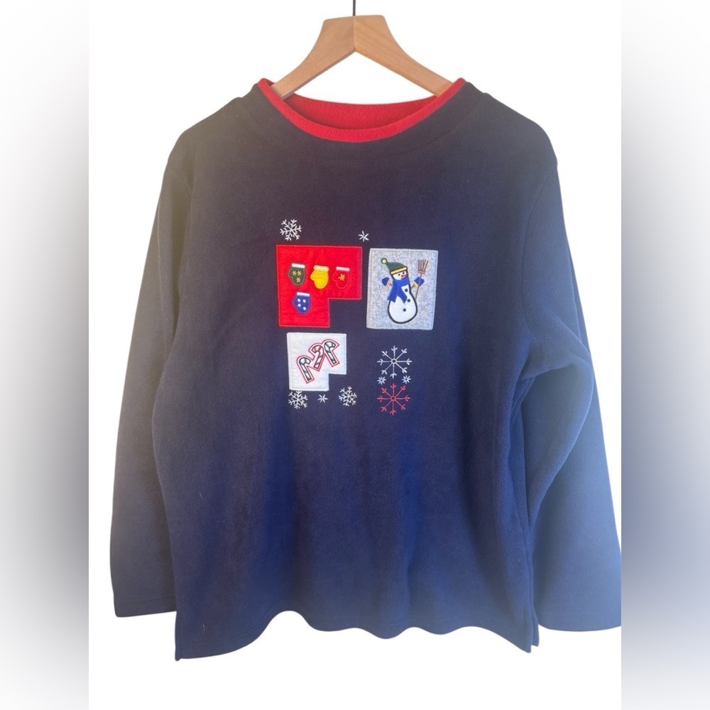 Festive Navy Blue Holiday Fleece Pullover Snowman Candy Canes Mittens Medium